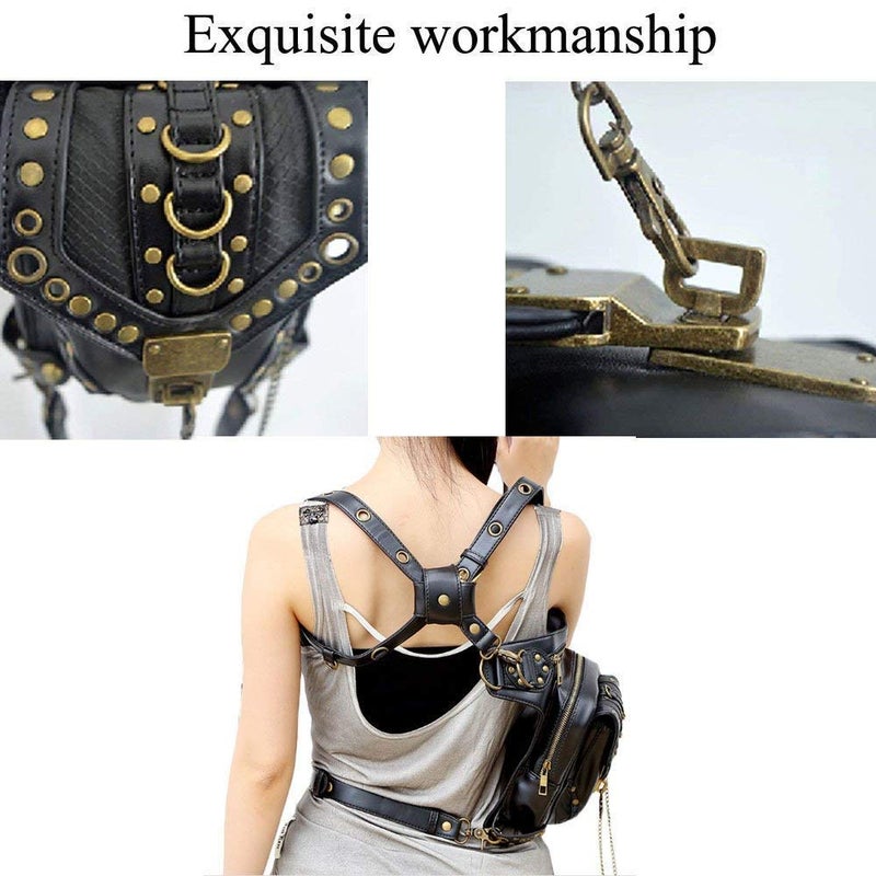 Valentoria Steampunk Waist Bag Fanny Pack Thigh Holster Purse Gothic Leather Shoulder Crossbody Hiking Chain Messenger Bag - Image 3
